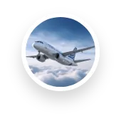 A small illustration of an aircraft flying between clouds