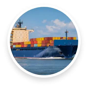 A small illustration of a container ship loaded with stacked containers