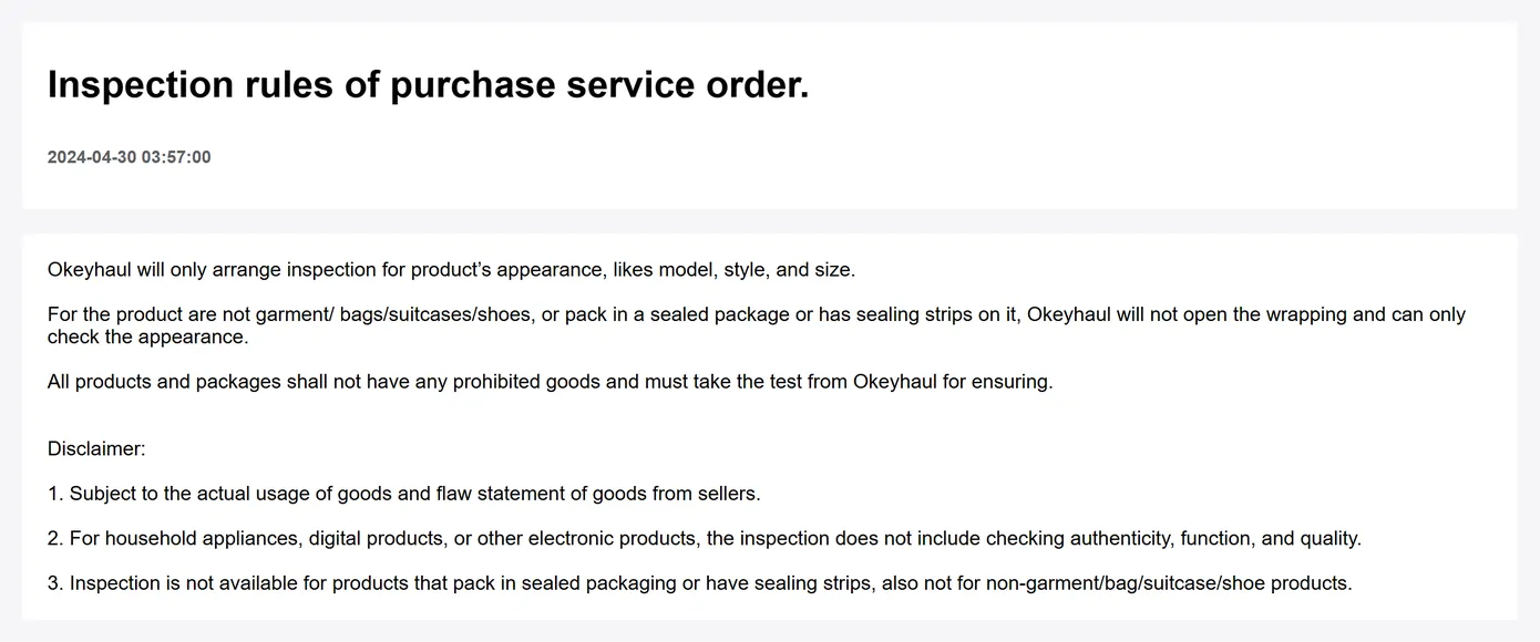 An Okeyhaul help page defining the inspection scope as appearance only, with a list of items that are not opened