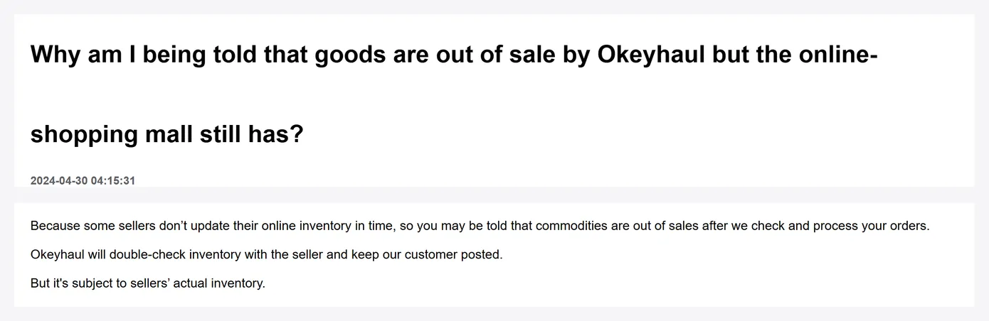 An Okeyhaul help page explaining that sellers do not always update their online inventory in time