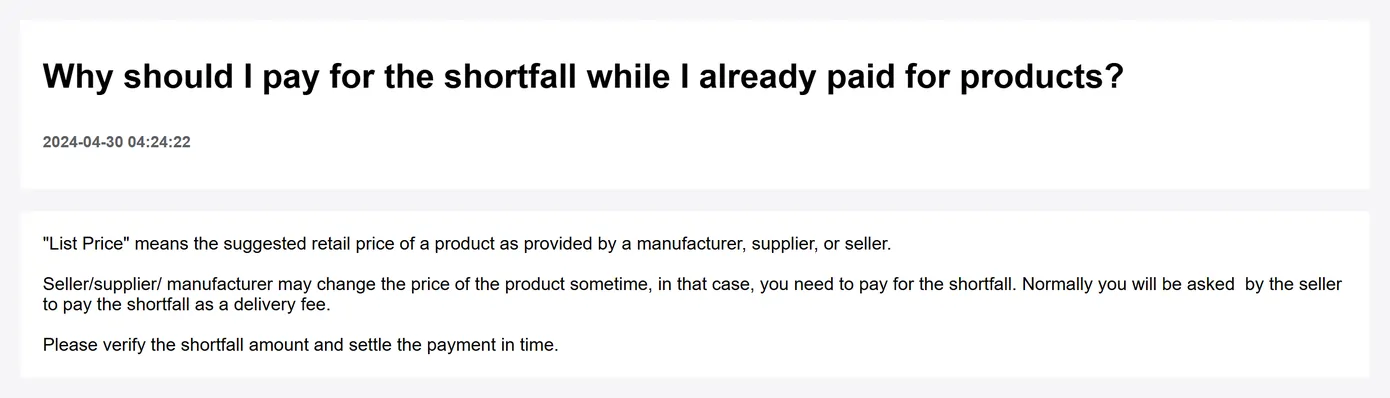 An Okeyhaul help page explaining that a buyer pays the shortfall when a seller changes a price after the order was paid
