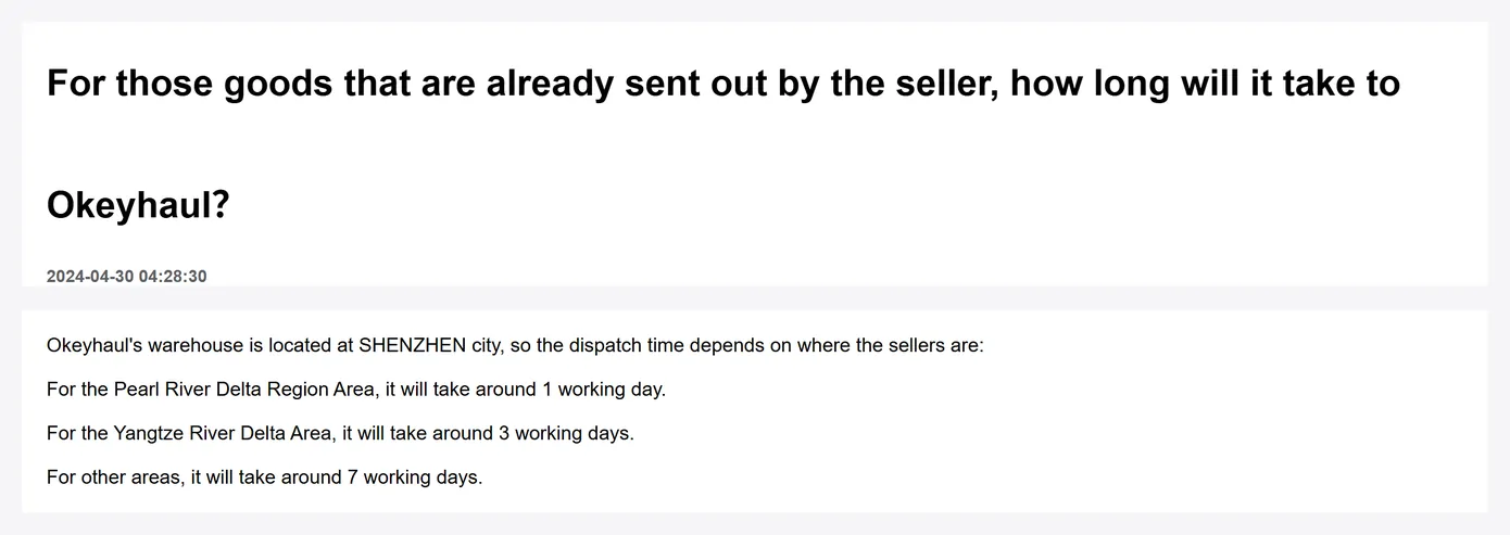 An Okeyhaul help page naming Shenzhen as the warehouse city, above a list of domestic transit times by region