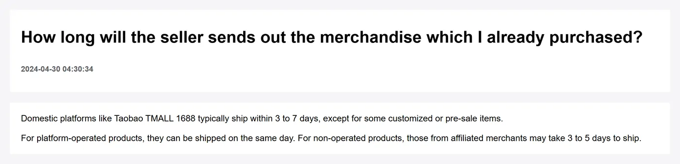 An Okeyhaul help page listing seller dispatch times by seller type, with a note about customised and pre-sale items