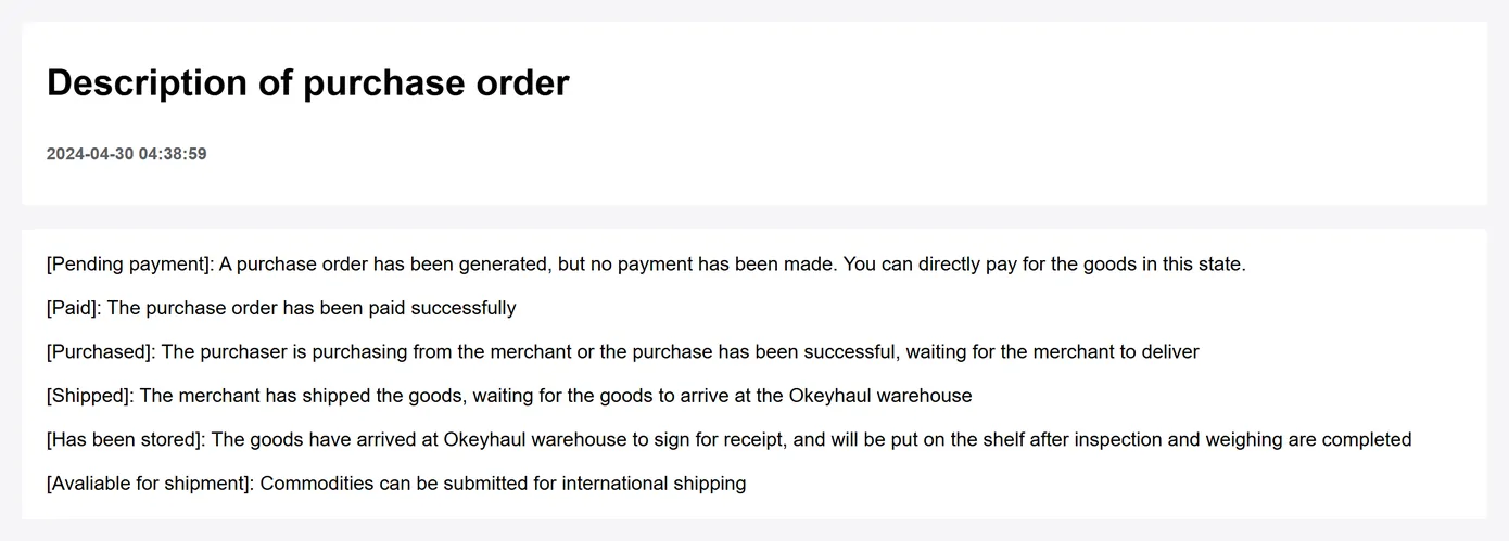 Official Okeyhaul help article explaining purchase-order status names
