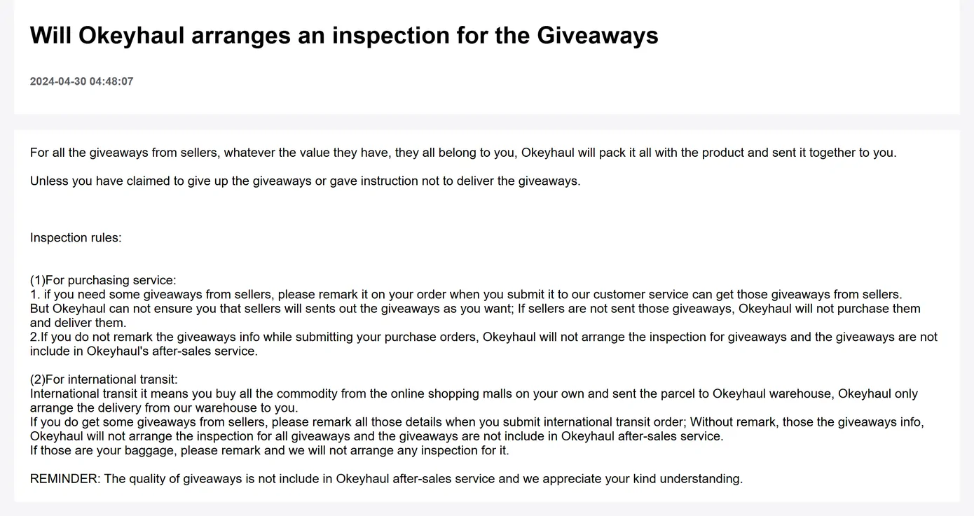 The Okeyhaul help article explaining that seller giveaways are packed and sent on with the order