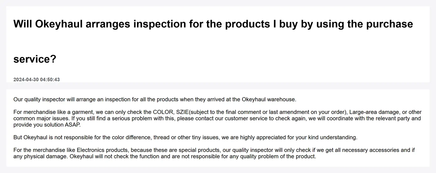 An Okeyhaul help page listing what a garment inspection looks at and what it is not responsible for