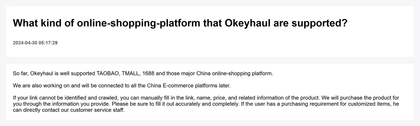 An Okeyhaul help page listing the platforms it supports, with a note about links that cannot be read automatically