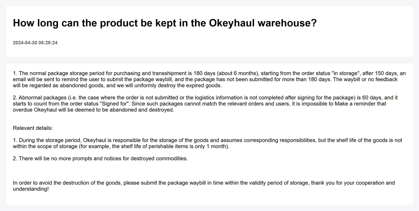 An Okeyhaul help page stating a 180 day storage period for purchasing and transshipment parcels, with a note about abnormal packages