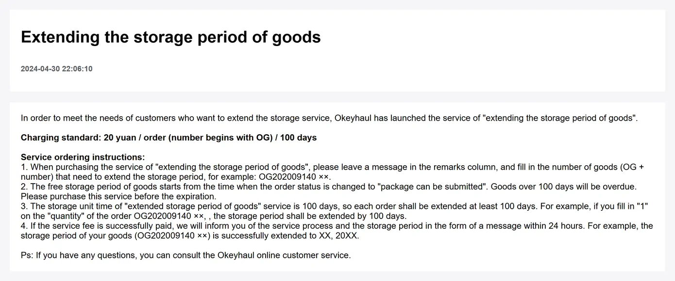 An Okeyhaul help page stating a 100 day free storage period and a fee for extending it