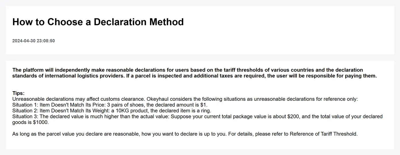 An Okeyhaul help page describing how it makes declarations on a buyer behalf, with examples of declarations it considers unreasonable