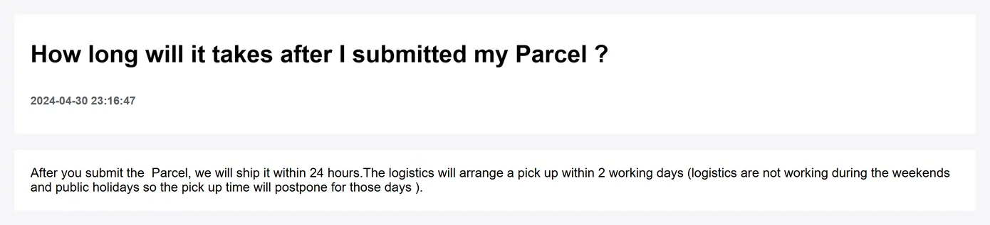 An Okeyhaul help page describing what happens after a waybill is submitted, including a shipping window and a pick-up window