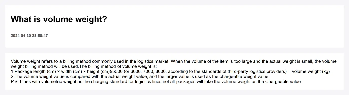 An Okeyhaul help page giving the volume weight formula and the divisors used by logistics providers