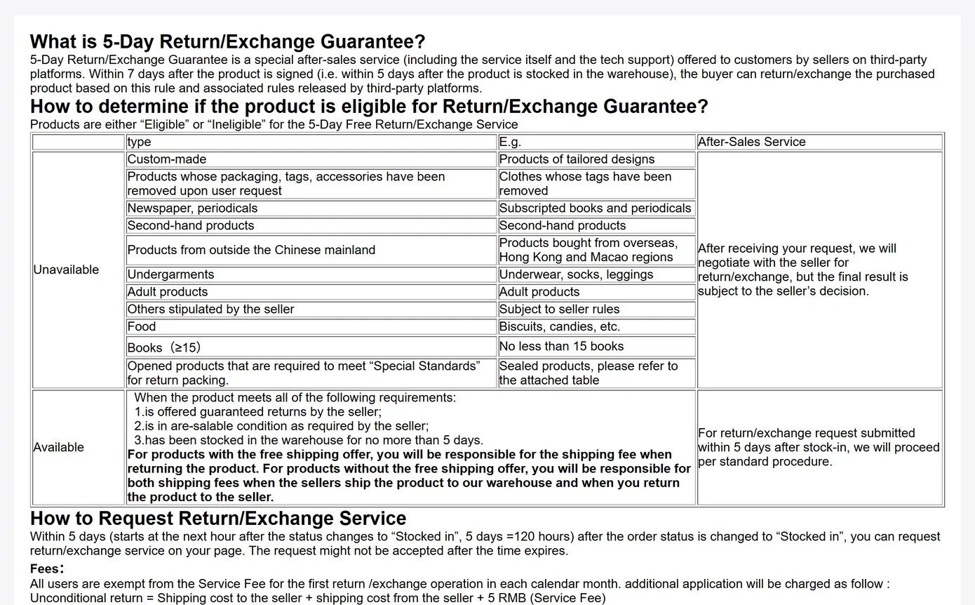 An Okeyhaul help page giving the return window and listing categories of product that cannot be returned