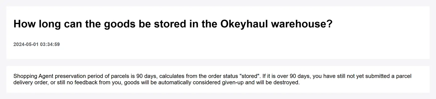 An Okeyhaul help page stating a 90 day preservation period for parcels, counted from the stored order status
