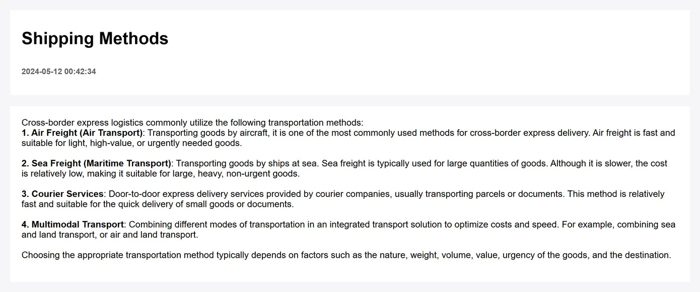 An Okeyhaul help page listing four numbered transport methods with a short description of each