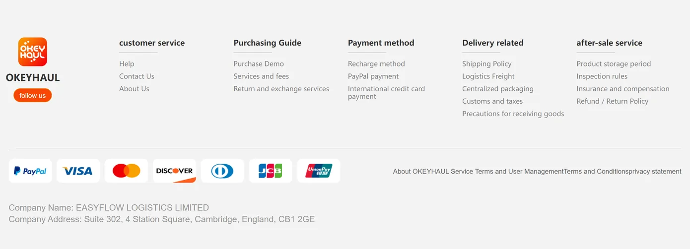 The footer of the Okeyhaul website, naming its operating company and registered address above a row of payment marks