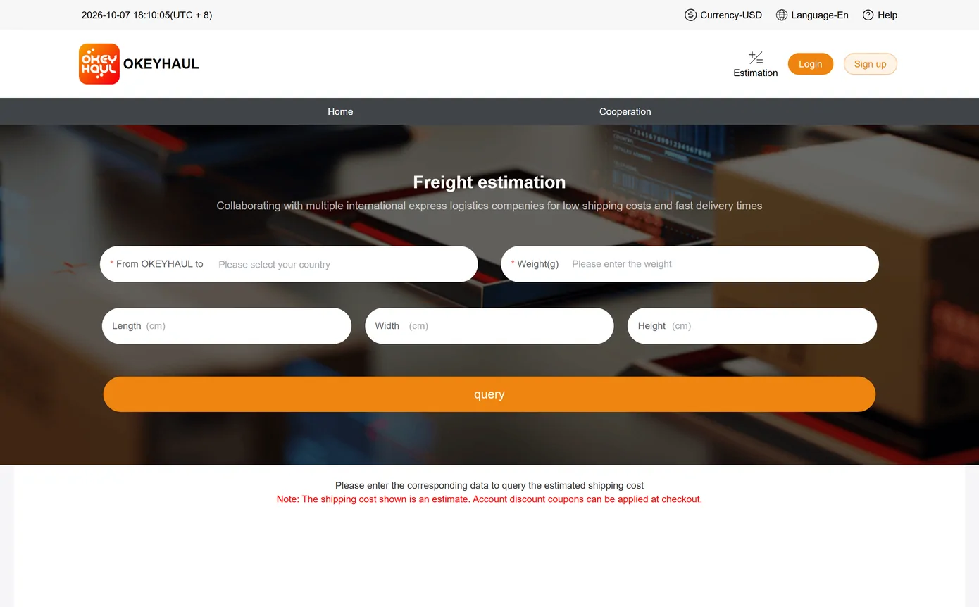 The Okeyhaul shipping estimate page, with its destination and weight fields