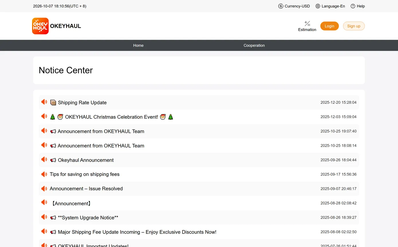 Okeyhaul's notice feed, listing announcement titles with their dates