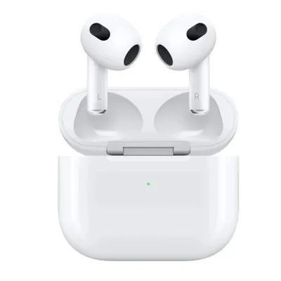 White wireless earbuds standing in an open charging case